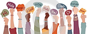 Raised arms and hands of multiethnic people from different nation country and continents holding speech bubbles with text -hallo-