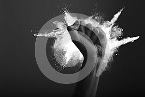 Raised clenched fist with white powder explosion, power, protest concept