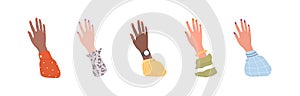 Raised female hands. Group human arms of different skin color. Racial equality. Multiethnic friendship. Femininity