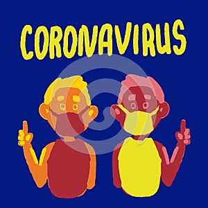 Raised fingers attention and Coronavirus text with men in mask on navy blue backdrop.