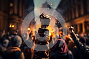 Raised fist of afro american man in large angry protest riot crowd of people