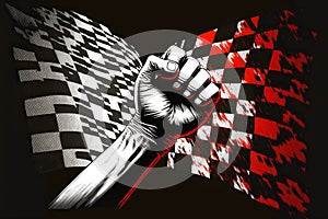 raised fist against black and white checkered flag for formula one racing, generative ai