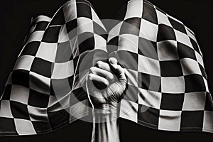 Raised fist against black and white checkered flag for Formula One Racing, generative ai