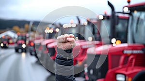 Raised Fist of Defiance in Front of Farming Tractors.