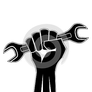 Raised fist holding a wrench icon vector. Clenched fist holding open end wrench vector. Hand holding work tool icon. Black and whi