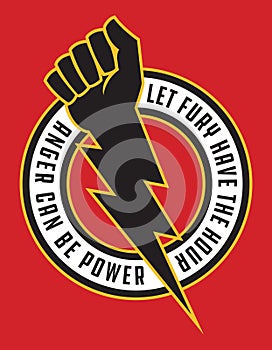 Raised fist lightning bolt anger protest badge.