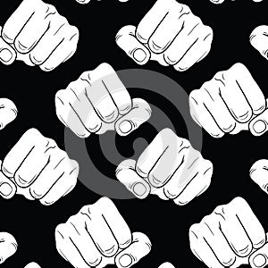 Raised fist. Strong fist on a black seamless background. Mans hand. Male fist. Symbol of power and authority. Fist