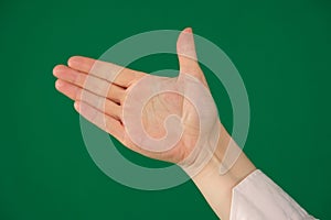 a raised five fingers, hand symbol, viewed from front isolated on green background.