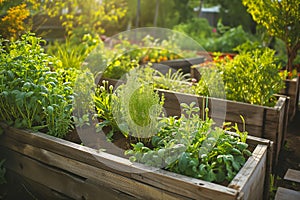 Raised garden beds filled with thriving vegetables in a sunny backyard