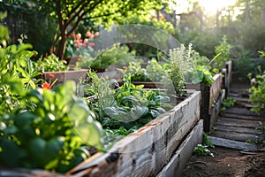 Raised garden beds filled with thriving vegetables in a sunny backyard
