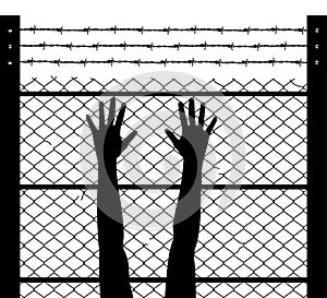 Raised hands and barbed wire prison boundary, vector