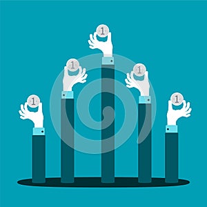 Raised hands with coins vector concept in flat style