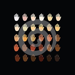Raised hands of different race skin color.
