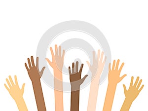 Raised hands of diversity people vector isolated on white. Teamwork and volunteering concept.