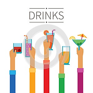 Raised hands with drinks and cocktails vector concept in flat style