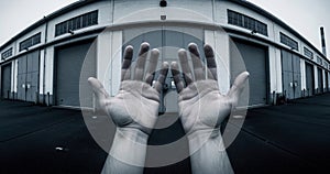 Raised hands in front of a factory building, filmed with a distortion effect. photo
