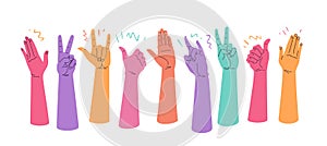 Raised hands gestures express happiness and success. Crowd of people rejoice vector illustration photo