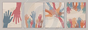 Raised hands group and hands in circle of people diverse culture - poster banner. Racial equality.People diversity