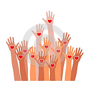 Raised hands with heart icon. Multi color hands raised up waiting for help