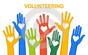 Raised hands with heart isolated on white background. Volunteering, charity, donate blood concept. Thank for care. Vote of crowd.