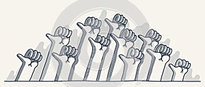 Raised hands with like thumb up button, vector illustration of a group of people showing thumb up gesture, social assessment of