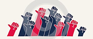 Raised hands with like thumb up button, vector illustration of a group of people showing thumb up gesture, social assessment of