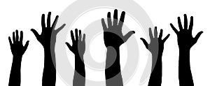 Raised hands vector silhouette, several hand raising, protest concept, togetherness idea silhouette, black color isolated on white