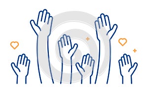 Raised helping hands vector icon. Illustration for volunteer and charity work in flat style with arms and geometric elements,