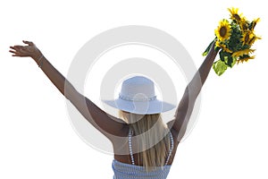 She raised her hands up and holding a bouquet of sunflowers