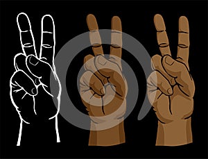 Raised peace sign hand set including line art and flesh tone versions isolated vector illustration