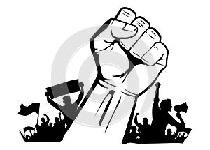 Raised protest fist over crowd