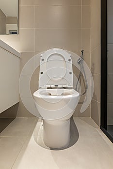 Raised toilet seat and bidet shower with wall mount in interior of modern bathroom