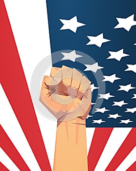 Raised up fist over united states flag 4th of july banner independence day holiday concept vertical