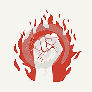 Raised up fist on red fire flame silhouette. Protest demonstration or power concept. Vector illustration isolated on