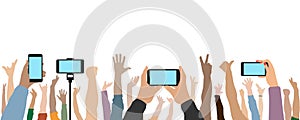 Raised up human hands and hands of people with phones. Cheerful crowd of people at concert or party, fans. Vector illustration