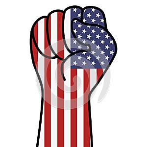 Raised usa flag fist. Fist shape american flag color. Stars stripes american hand. Patriotic demonstration, rebel, protest