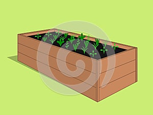 Raised wooden garden bed. Vector hand drawn illustration.