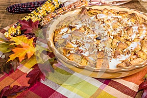 Raisin bread pudding desert with fall decorations