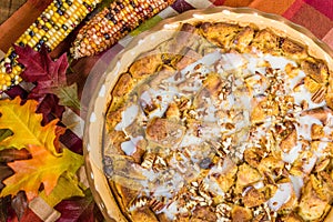 Raisin bread pudding desert with fall decorations