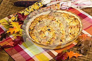 Raisin bread pudding desert with fall decorations