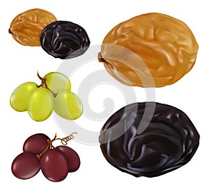 Raisin, dried grape. 3d realistic vector icon set