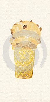 Raisin rum ice cream in waffle cone on white background. Watercolor