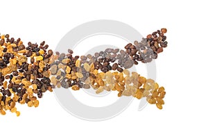 Raisin separation on light and dark, on white isolated background