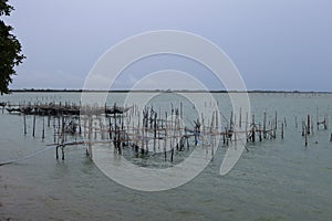 Raising fish in floating islands around Koh Yo Songkhla Lake Fisherman`s House at sunset at Songkhla Lake, Yo Island