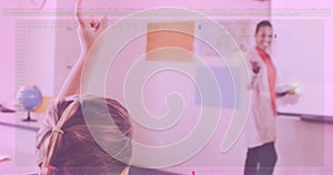 Raising hand student signaling teacher in school classroom, with whiteboard, globe and posters