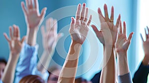 Raising hands , symbolizing collaborative discussions, suggestions, or voting within a council meeting, embodying the principles