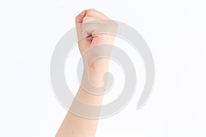 Raising your fist  in front of white background