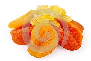 Raisins and dried apricots on a white background