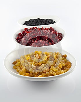 Raisins, dried cranberries and dried blueberries