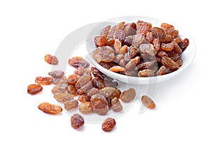 Raisins, uvetta on white background.